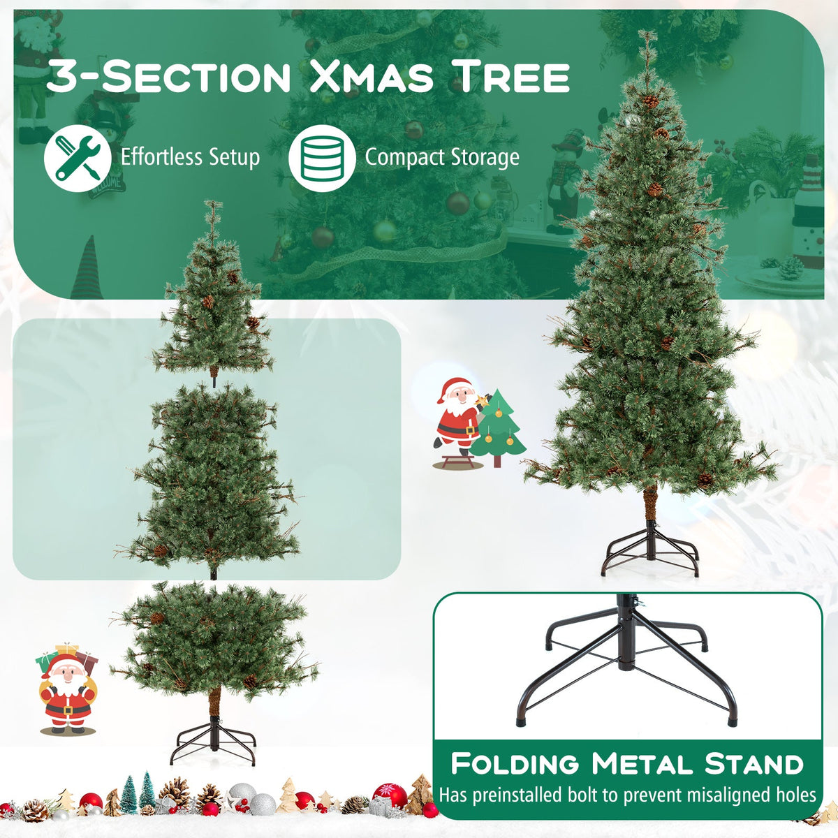 Pre-Lit Hinged Christmas Tree with Pinecones | 6–8 ft