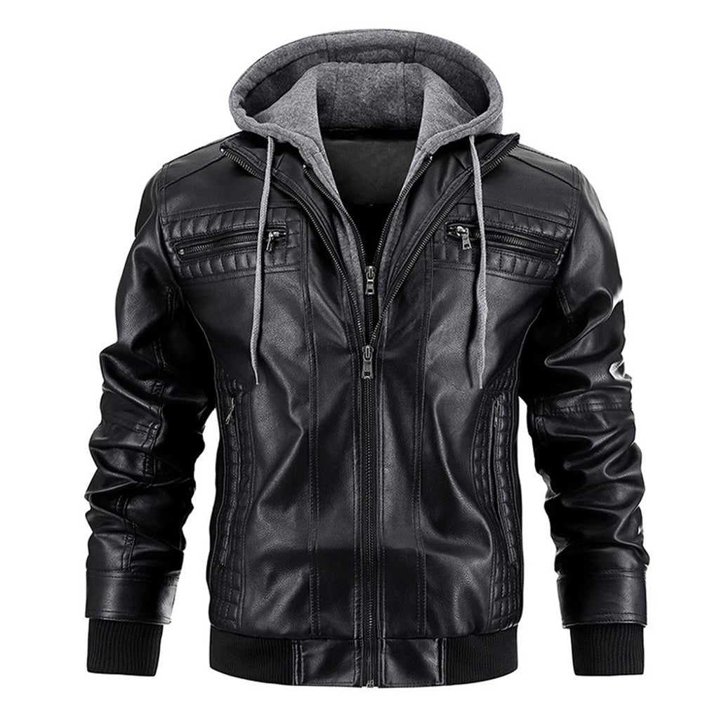 Men's Faux Leather Moto Jacket with Removable Hood