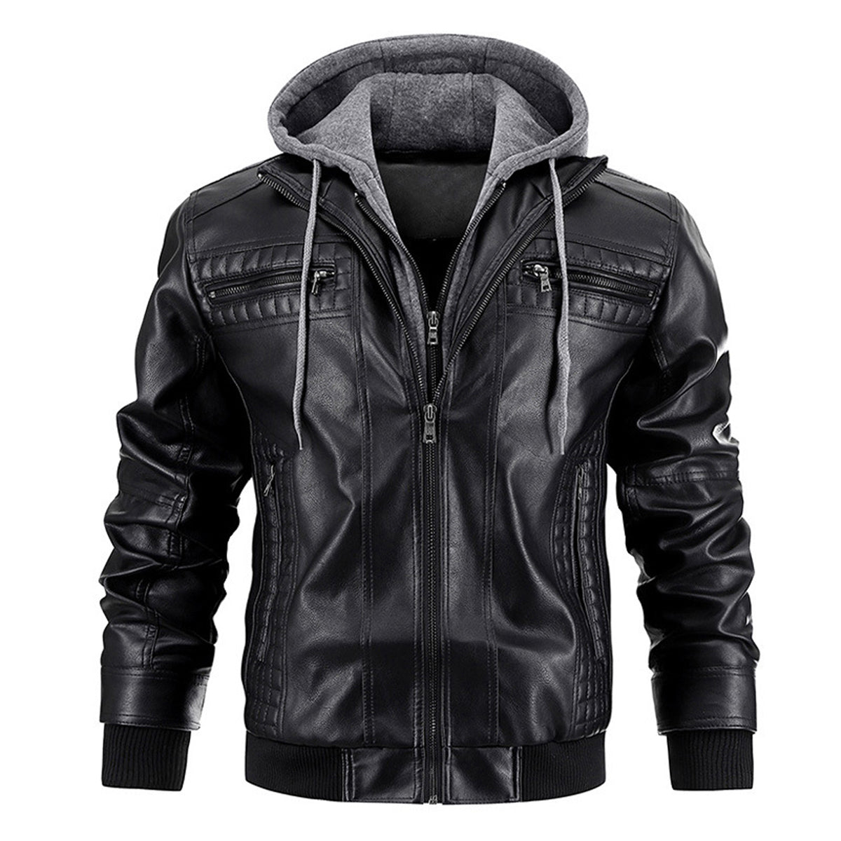 Men's Faux Leather Moto Jacket with Removable Hood
