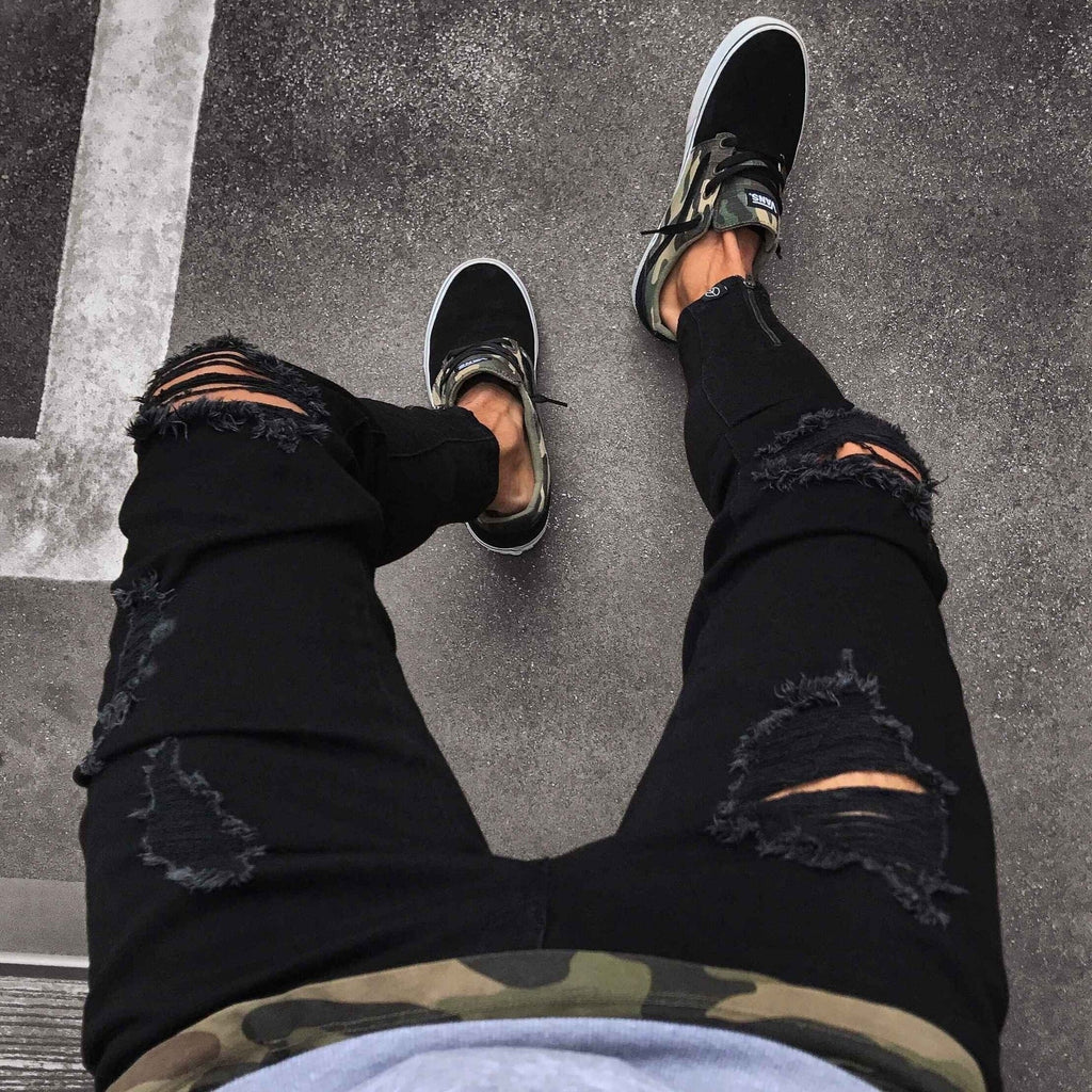 Men's Black Ripped Skinny Stretch Jeans