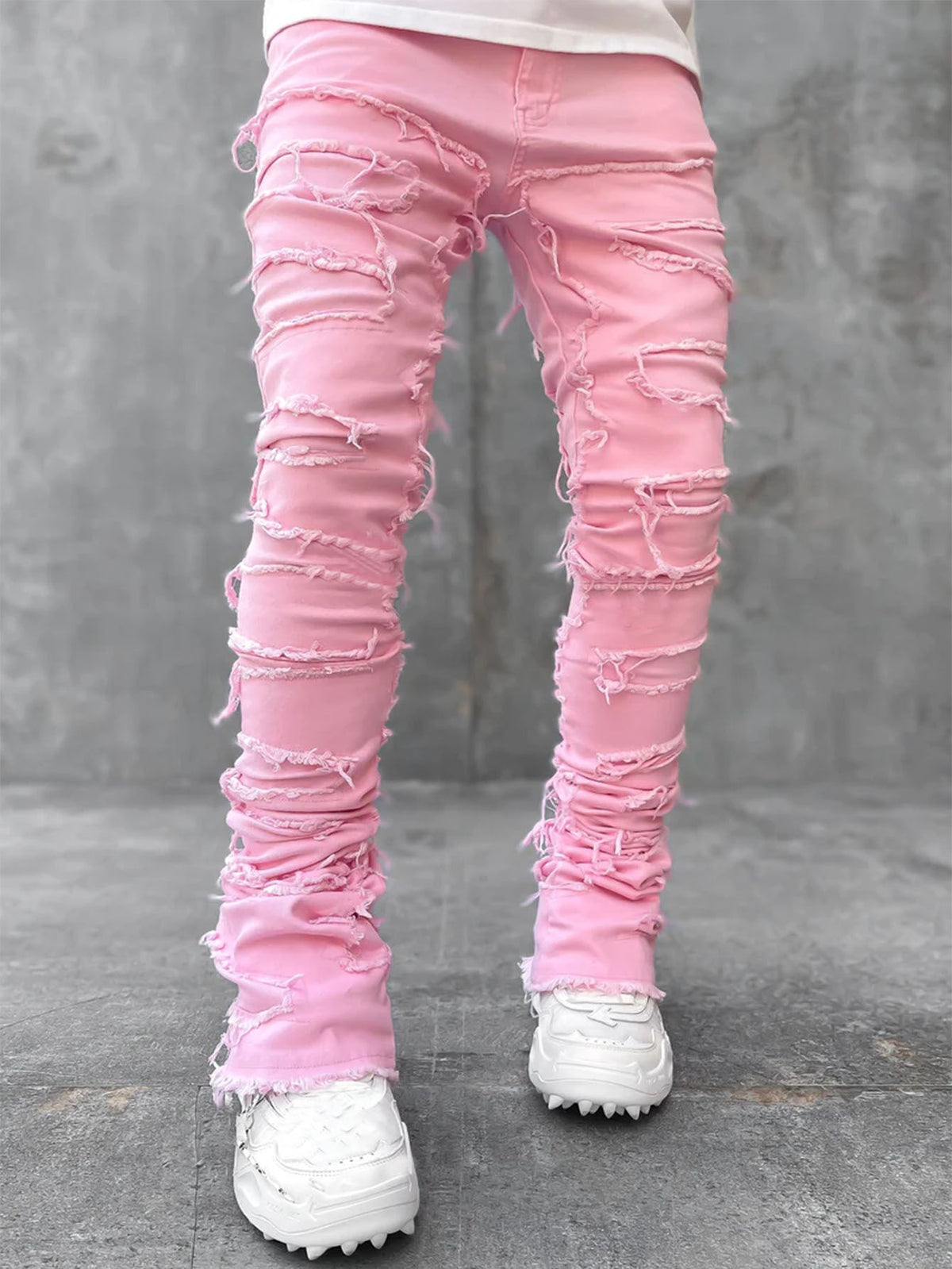 Men's Distressed Patchwork Stacked Jeans