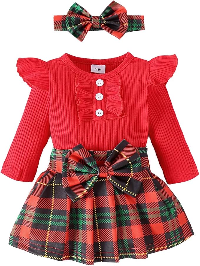 Baby Girls' Christmas Bodysuit, Plaid Skirt & Headband Set