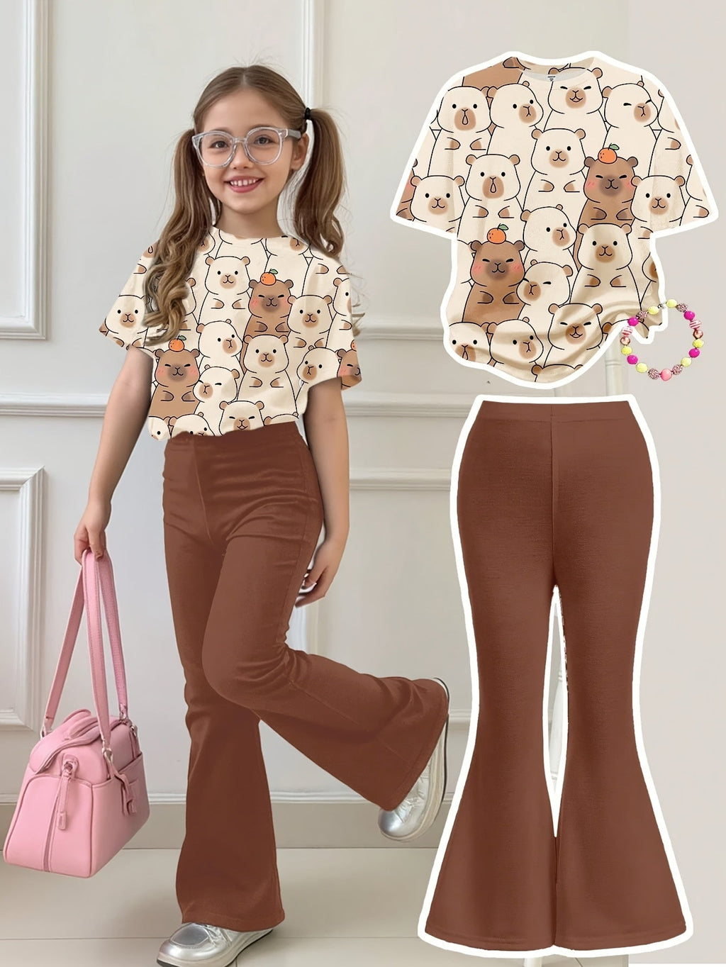 Girls' Bear Graphic Tee & Flare Pants Set