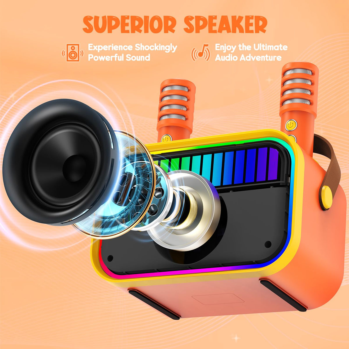 VERKB Kids' Bluetooth Karaoke Speaker — 2 Microphones, Orange