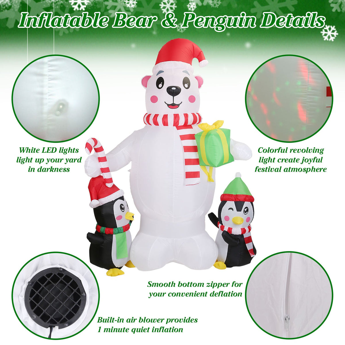 5.9 ft Christmas Inflatable Outdoor Decoration Polar Bear Gift Box Penguin Blow Up Yard Decoration