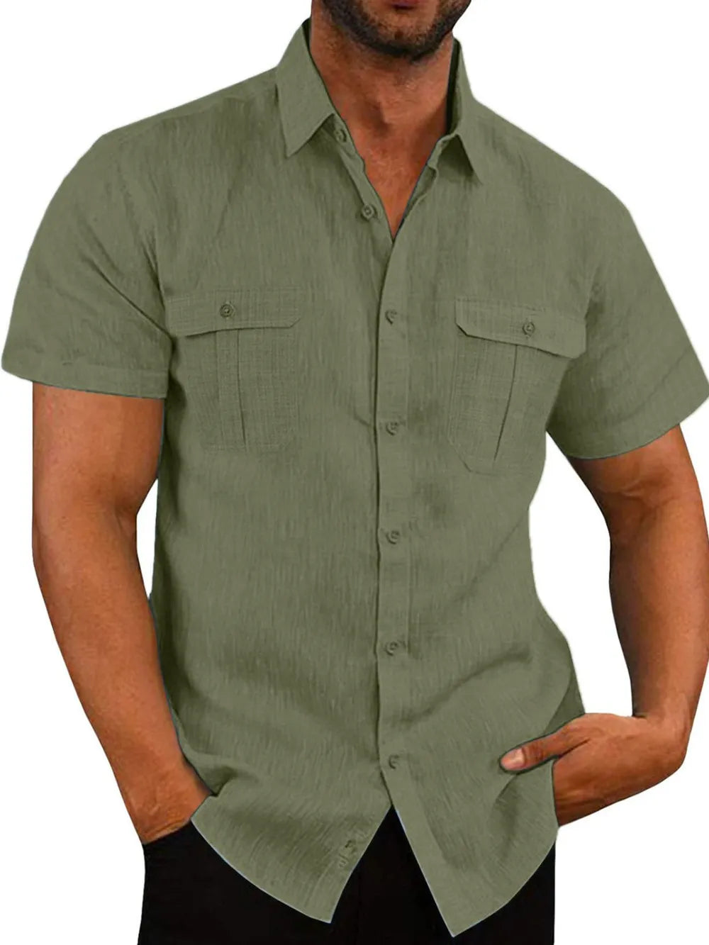 Men's Plus Size Short-Sleeve Linen-Cotton Shirt