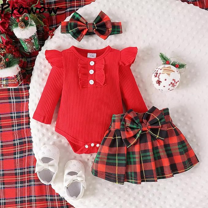 Baby Girls' Christmas Bodysuit, Plaid Skirt & Headband Set