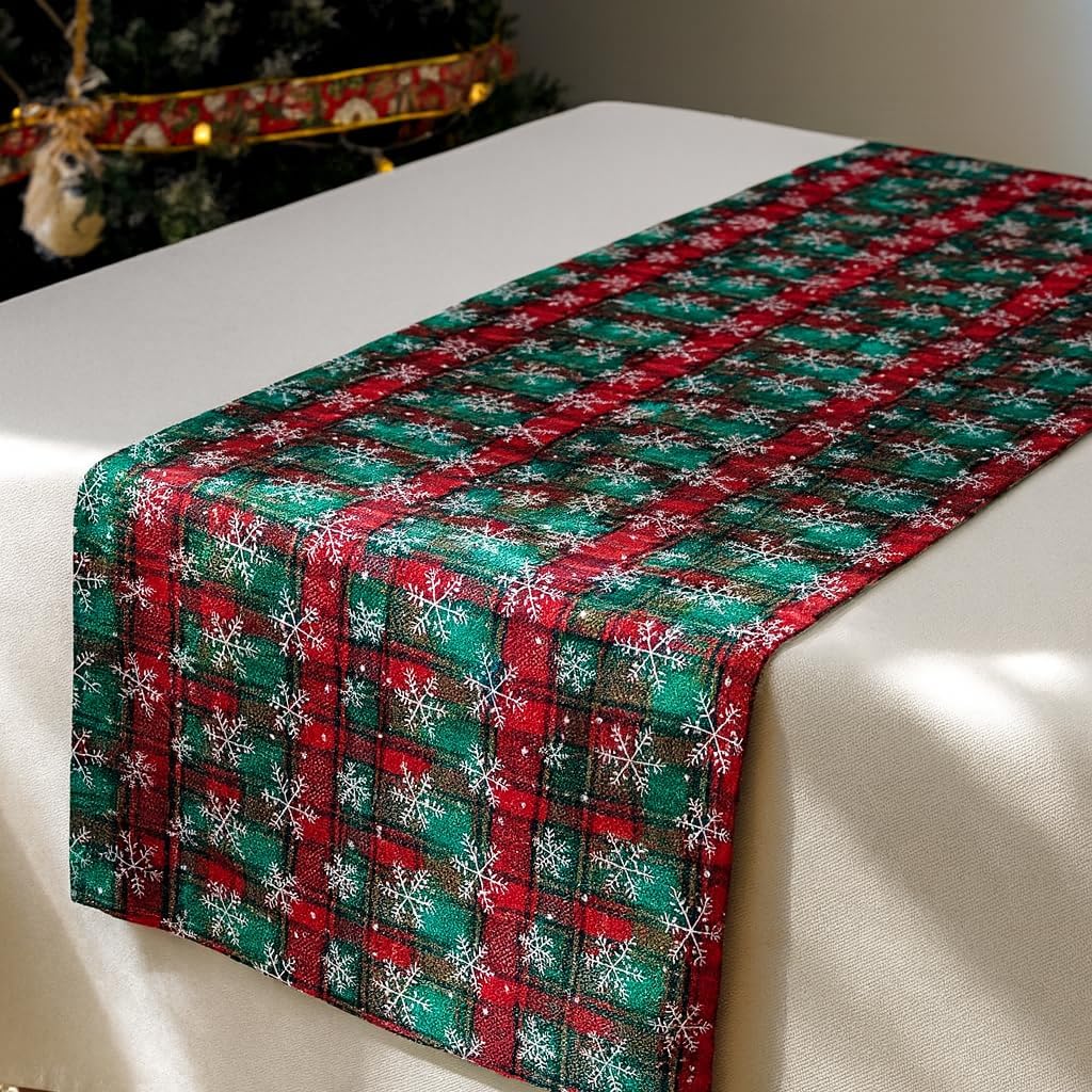 Red & Green Tartan Snowflake Table Runner – 13 x 73 in