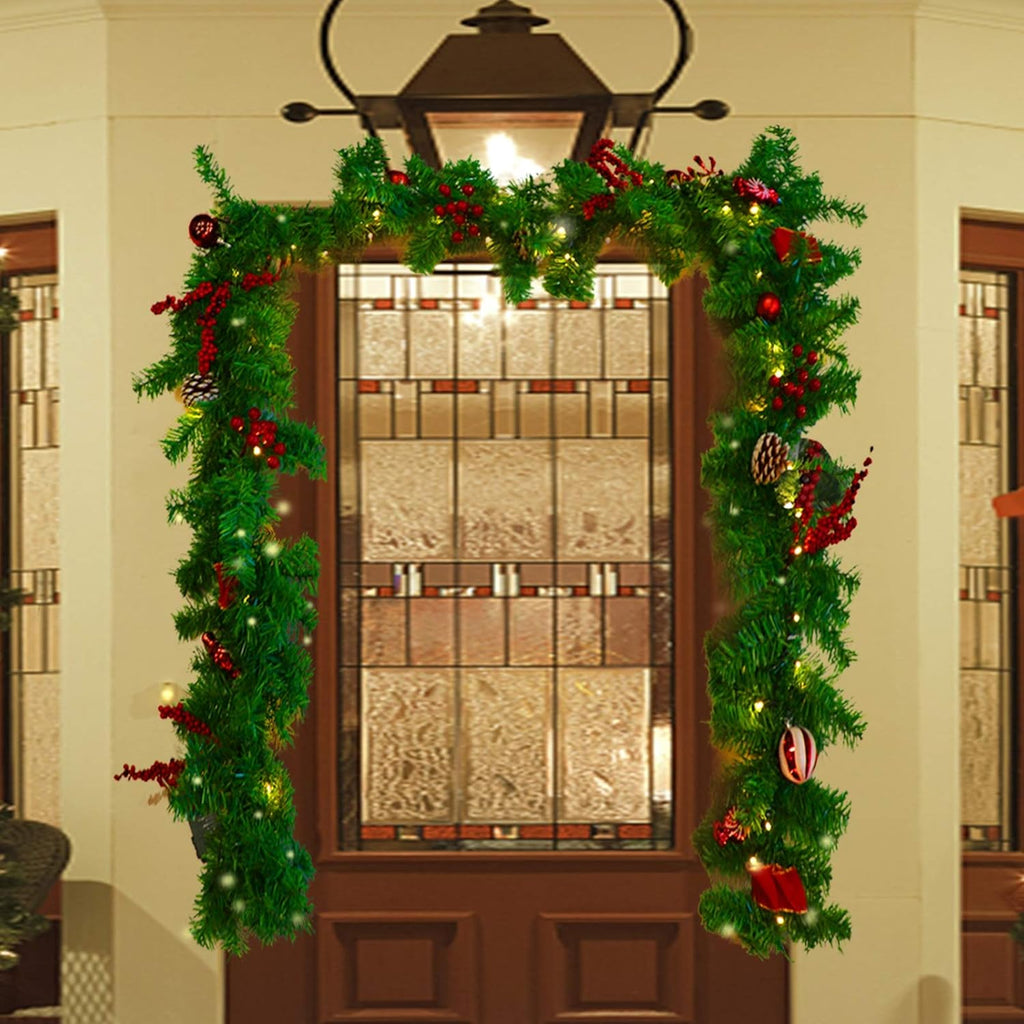 MorTime 9 ft LED Christmas Garland with Pinecones Red Berries Bows Christmas Balls Candies