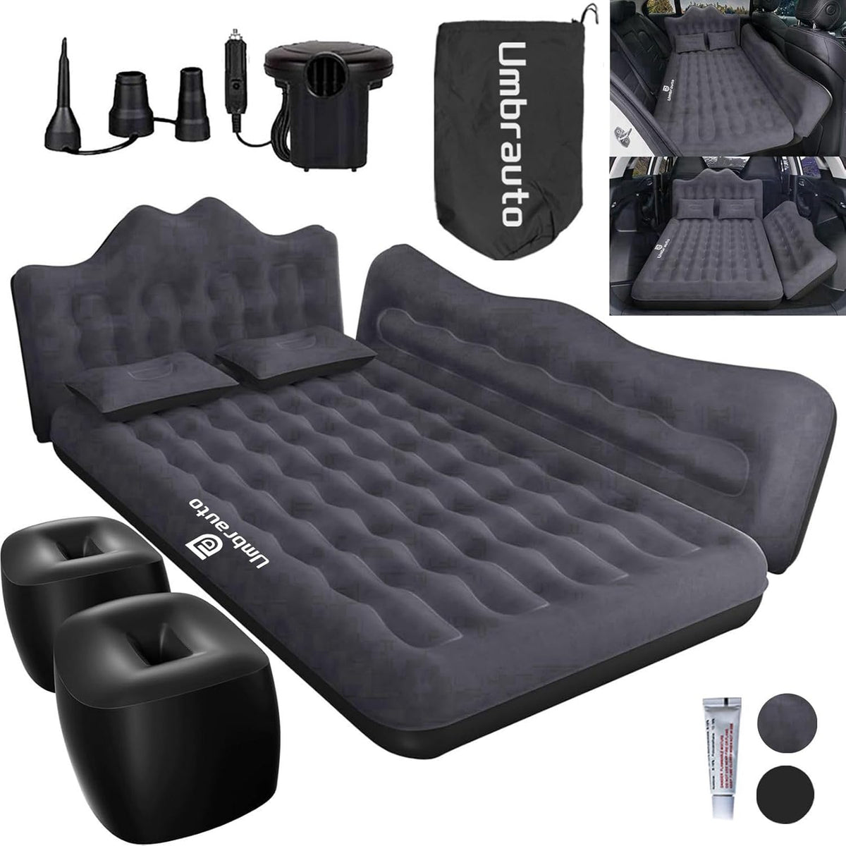 Umbrauto Backseat Camping Air Mattress with Pump & Pillows — Black