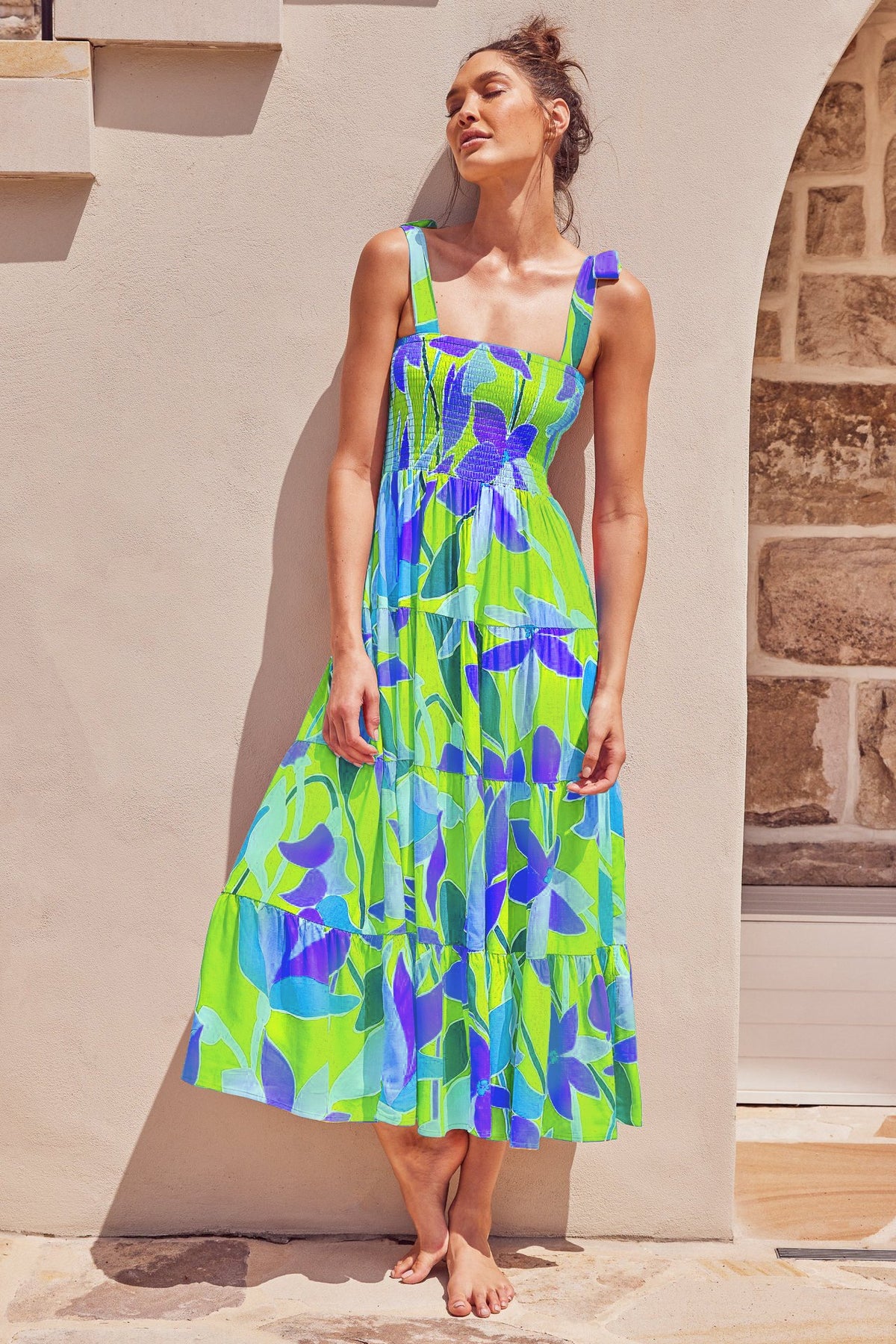 Printed High-Waist Pleated Maxi Dress