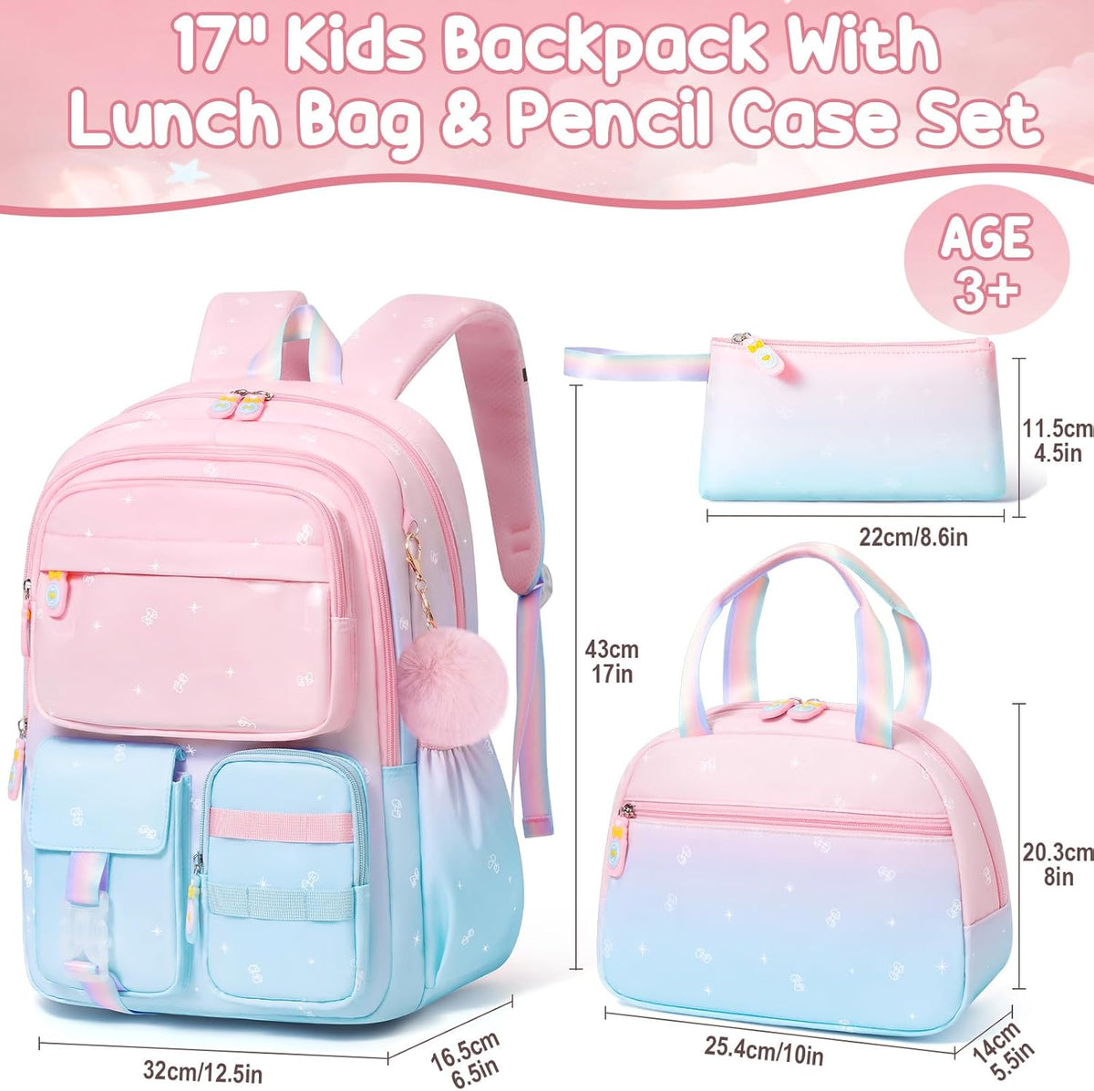 Girls’ School Backpack & Lunch Box Set, 3 Pieces