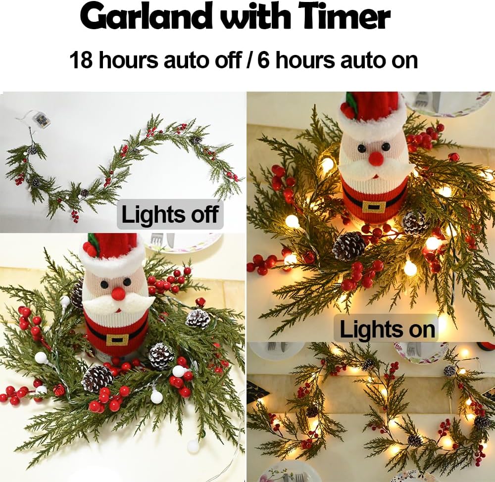 Christmas Garland 6 ft 20 LED Bulbs Cypress Pine Garland with Lights Battery Operated with Timer