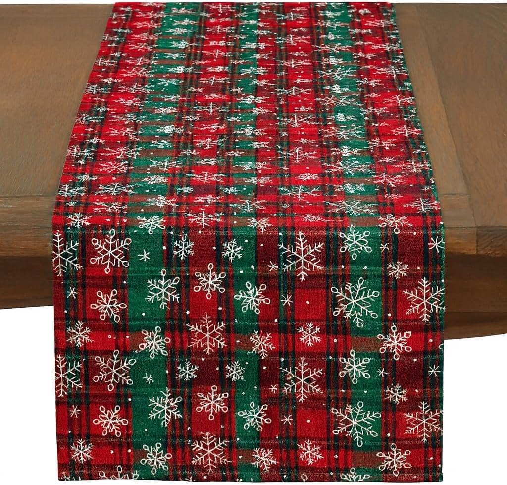 Red & Green Tartan Snowflake Table Runner – 13 x 73 in