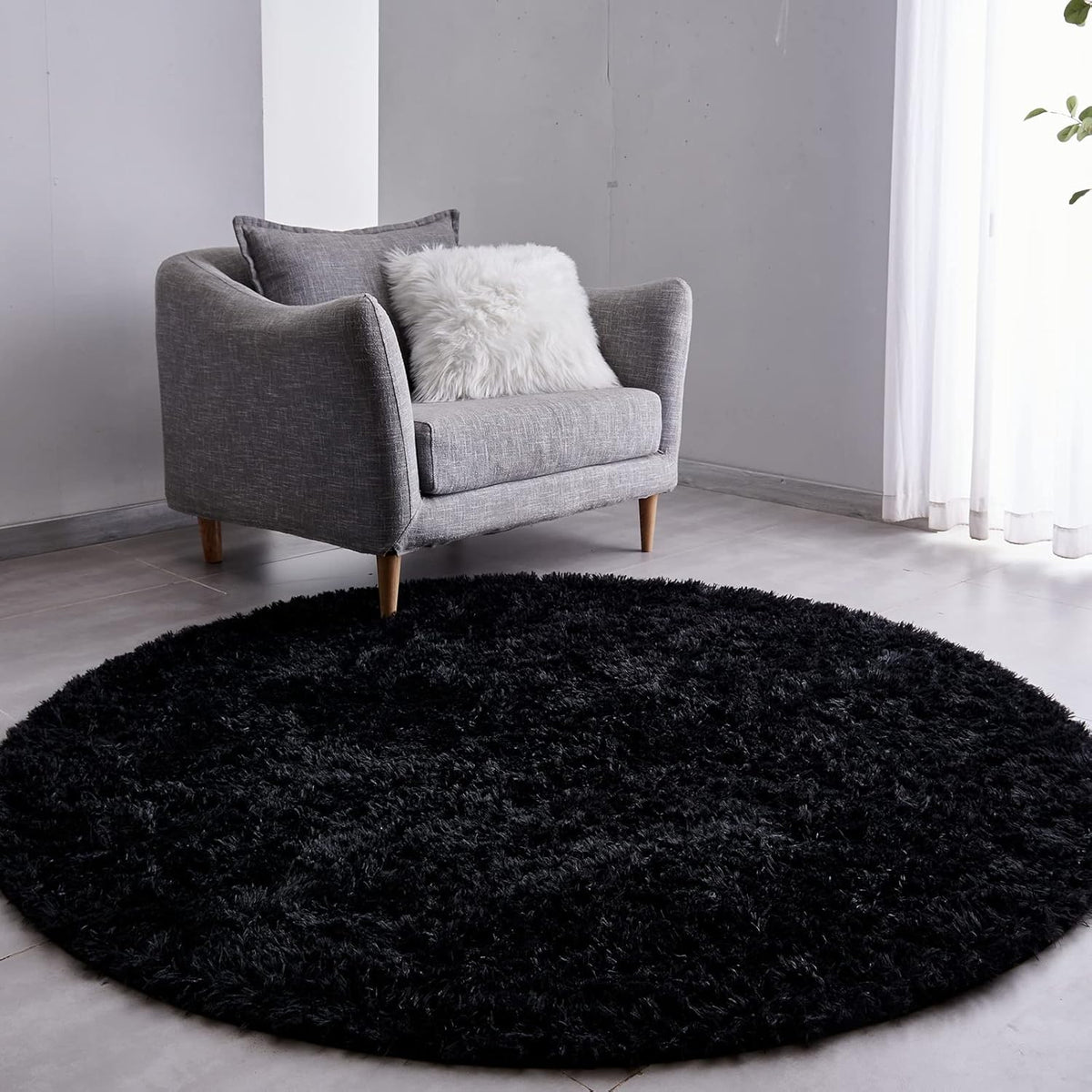 FJZFING Navy Blue Plush Round Bedroom Rug — 4 ft