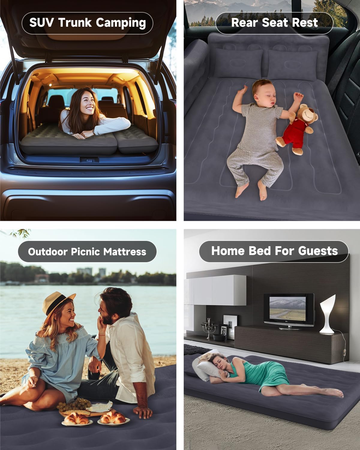 Umbrauto Backseat Camping Air Mattress with Pump & Pillows — Black