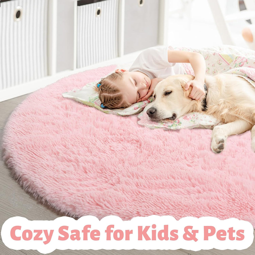 Amdrebio Light Pink Fluffy Round Bedroom Rug — 4 ft