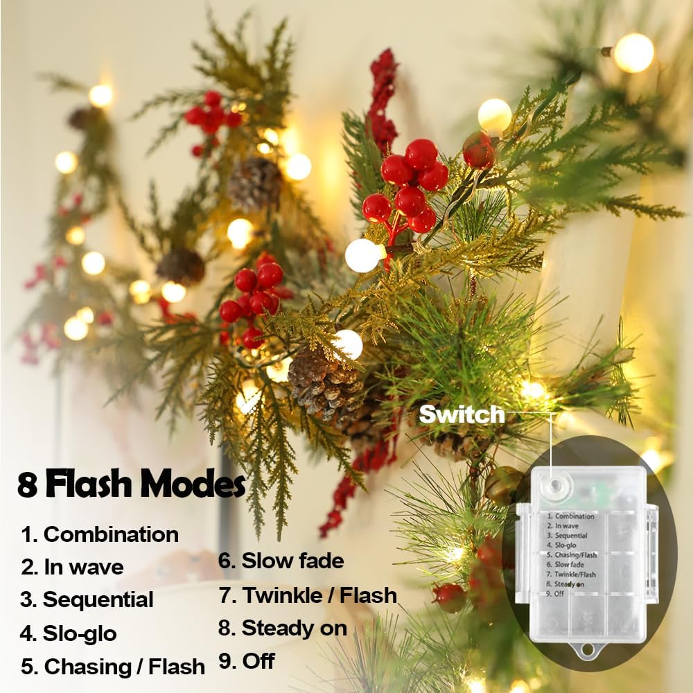 Christmas Garland 6 ft 20 LED Bulbs Cypress Pine Garland with Lights Battery Operated with Timer