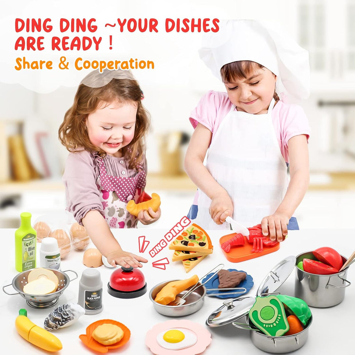 Kids’ Kitchen Playset with Stainless Steel Cookware & Play Food, 38 Pieces