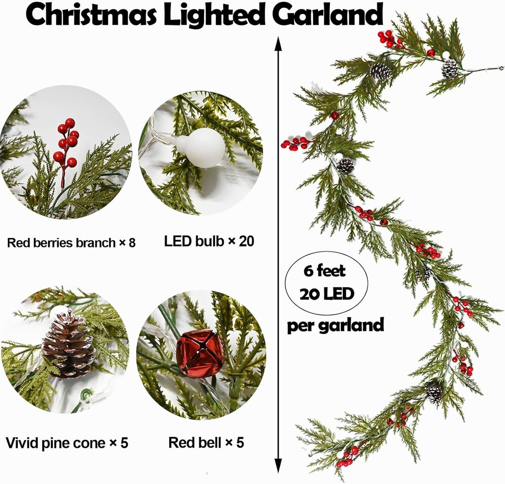 Christmas Garland 6 ft 20 LED Bulbs Cypress Pine Garland with Lights Battery Operated with Timer