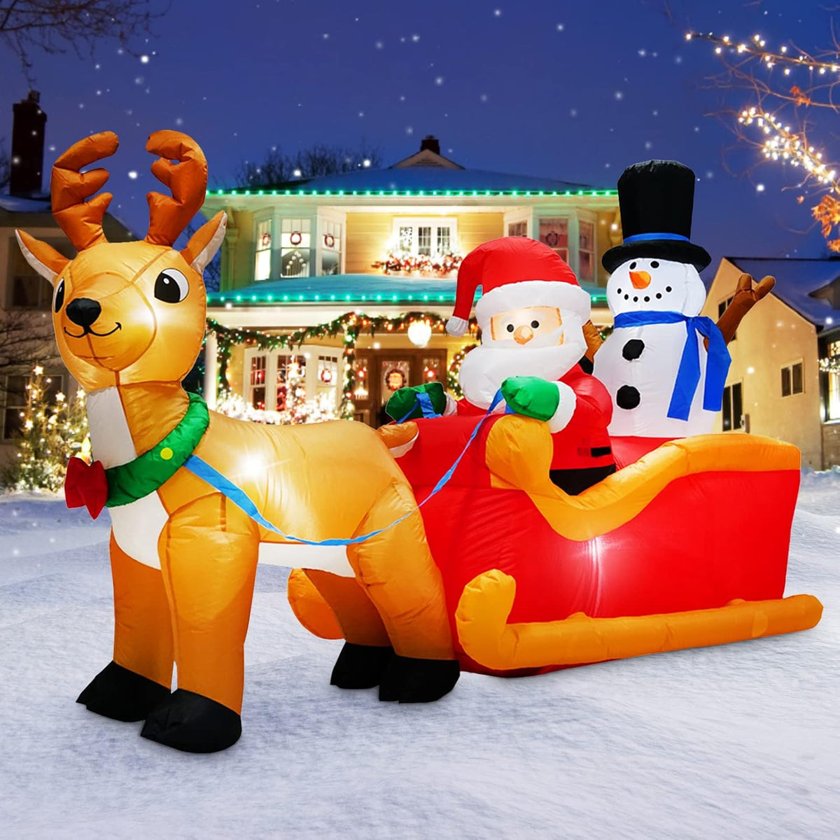 12 Foot Long Christmas Inflatables Santa Claus & Reindeer Sleigh Outdoor Decorations