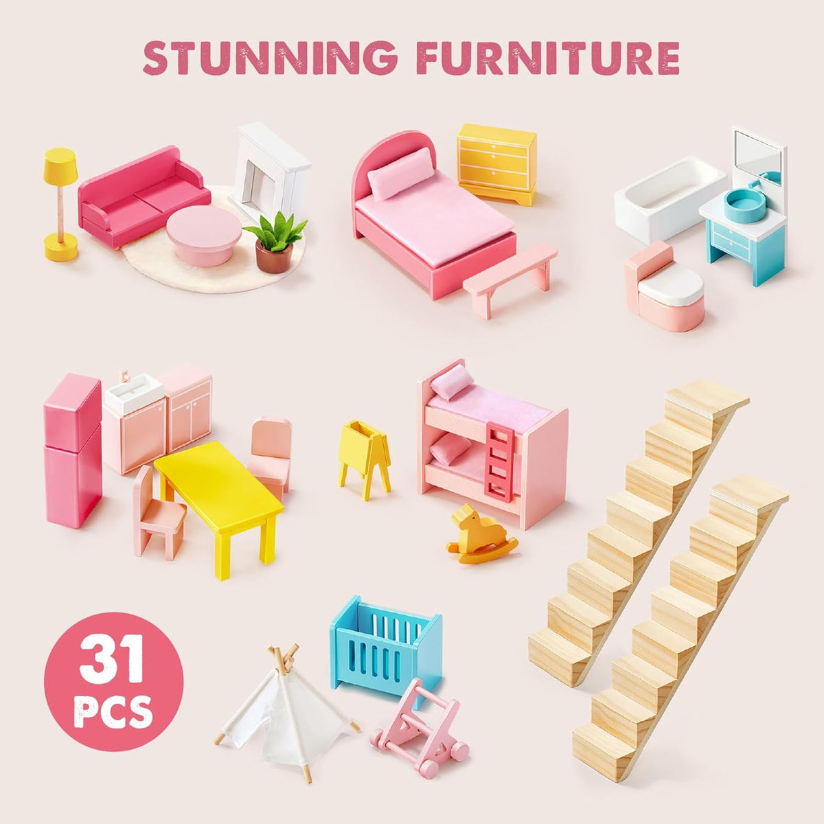 Tiny Land Sweetwood Wooden Dollhouse with Furniture – No Dolls
