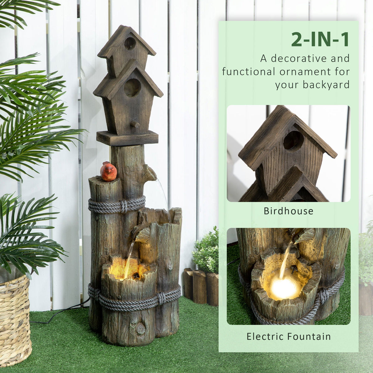 Outsunny 3-Tier Rustic Birdhouse Waterfall Garden Fountain