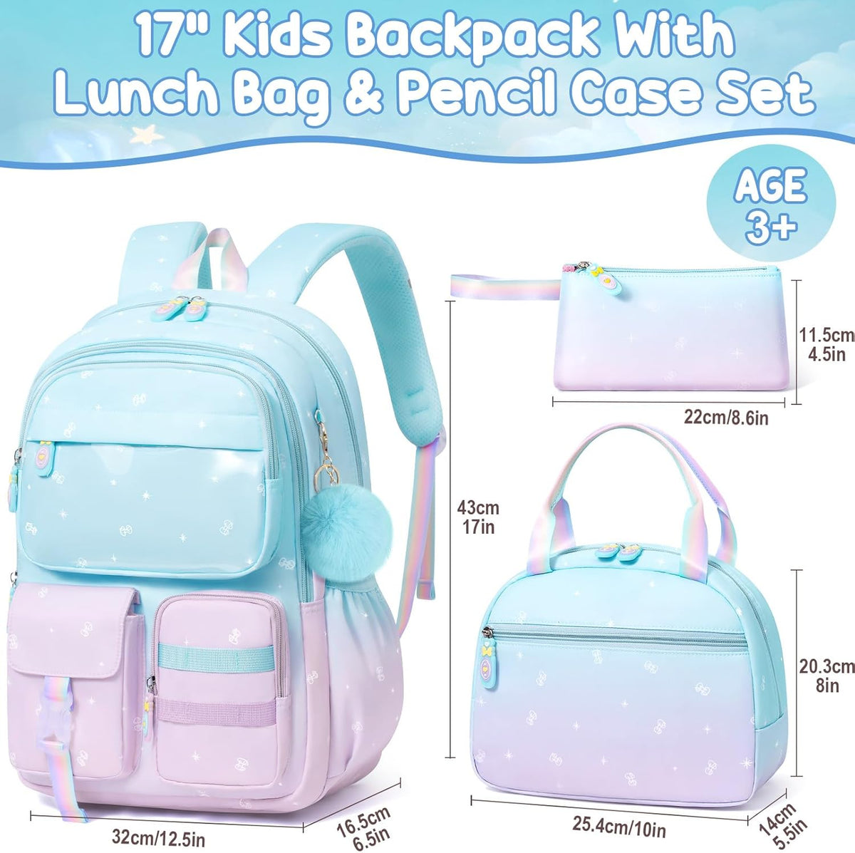 Girls’ School Backpack & Lunch Box Set, 3 Pieces