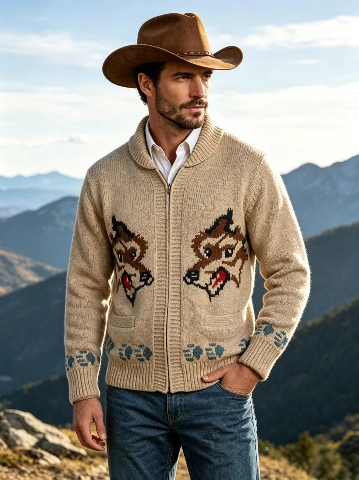 Men's Fox-Pattern Zip-Up Jacquard Cardigan