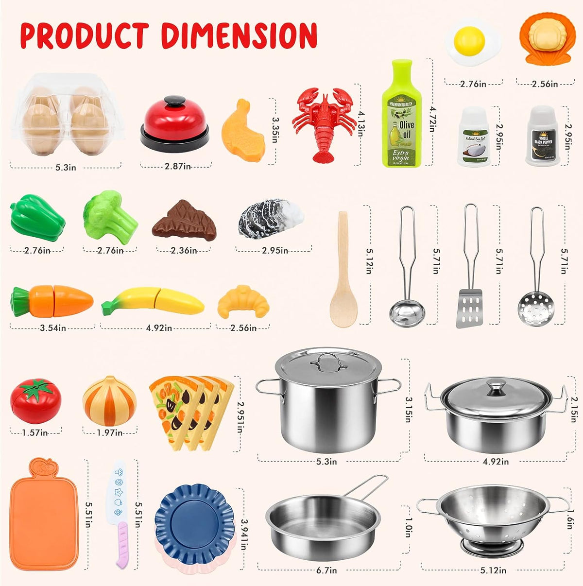 Kids’ Kitchen Playset with Stainless Steel Cookware & Play Food, 38 Pieces