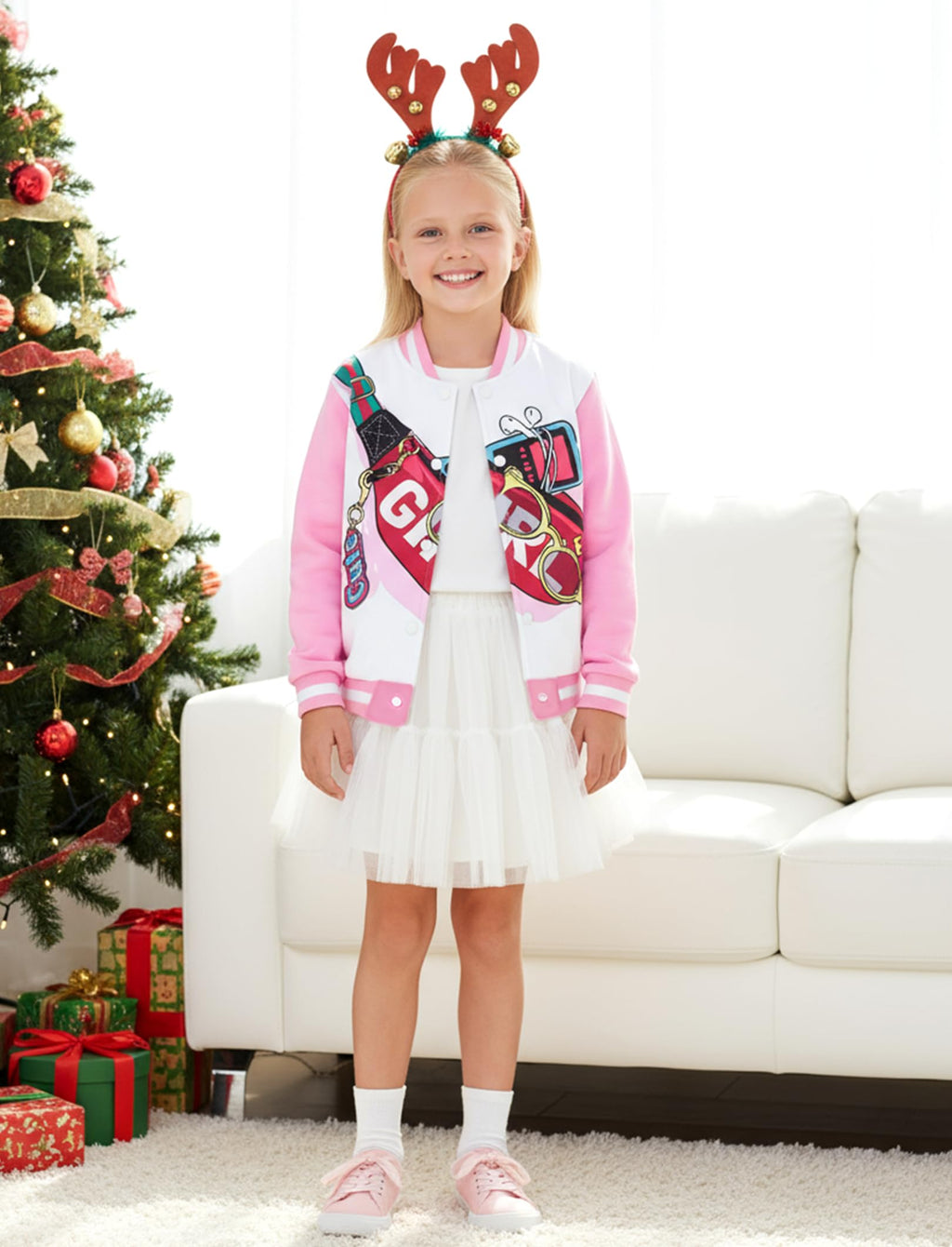 Girls' Pale Pink Varsity Bomber Jacket – Size 7–8