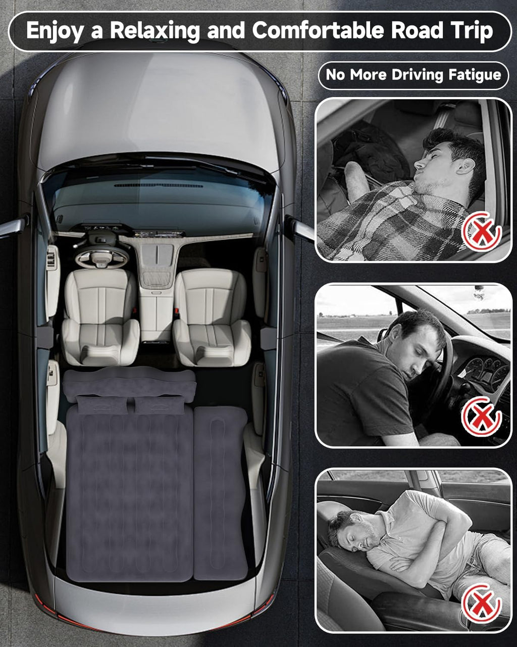 Umbrauto Backseat Camping Air Mattress with Pump & Pillows — Black