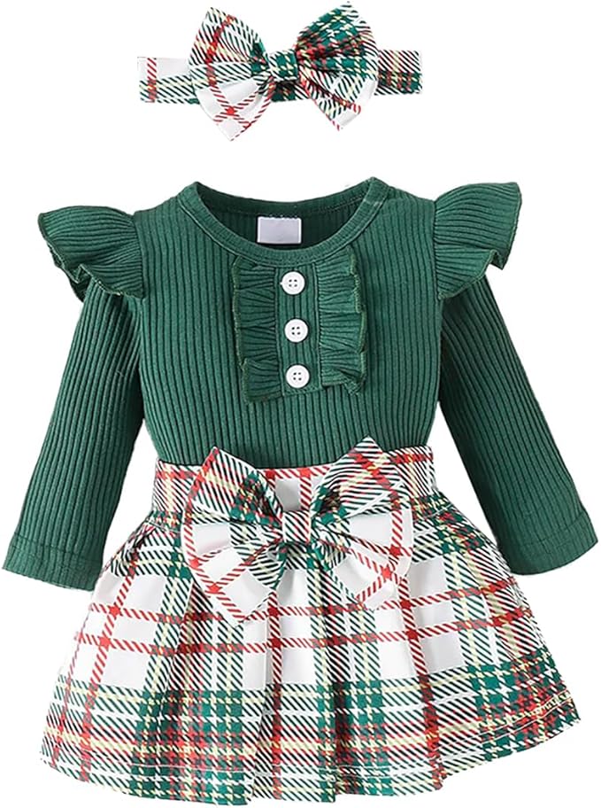 Baby Girls' Christmas Bodysuit, Plaid Skirt & Headband Set