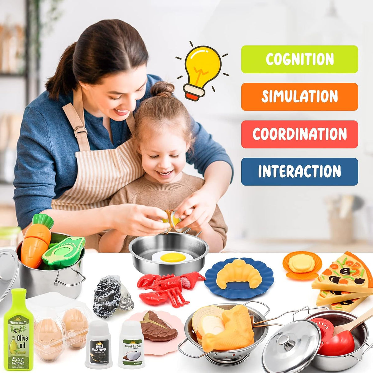 Kids’ Kitchen Playset with Stainless Steel Cookware & Play Food, 38 Pieces
