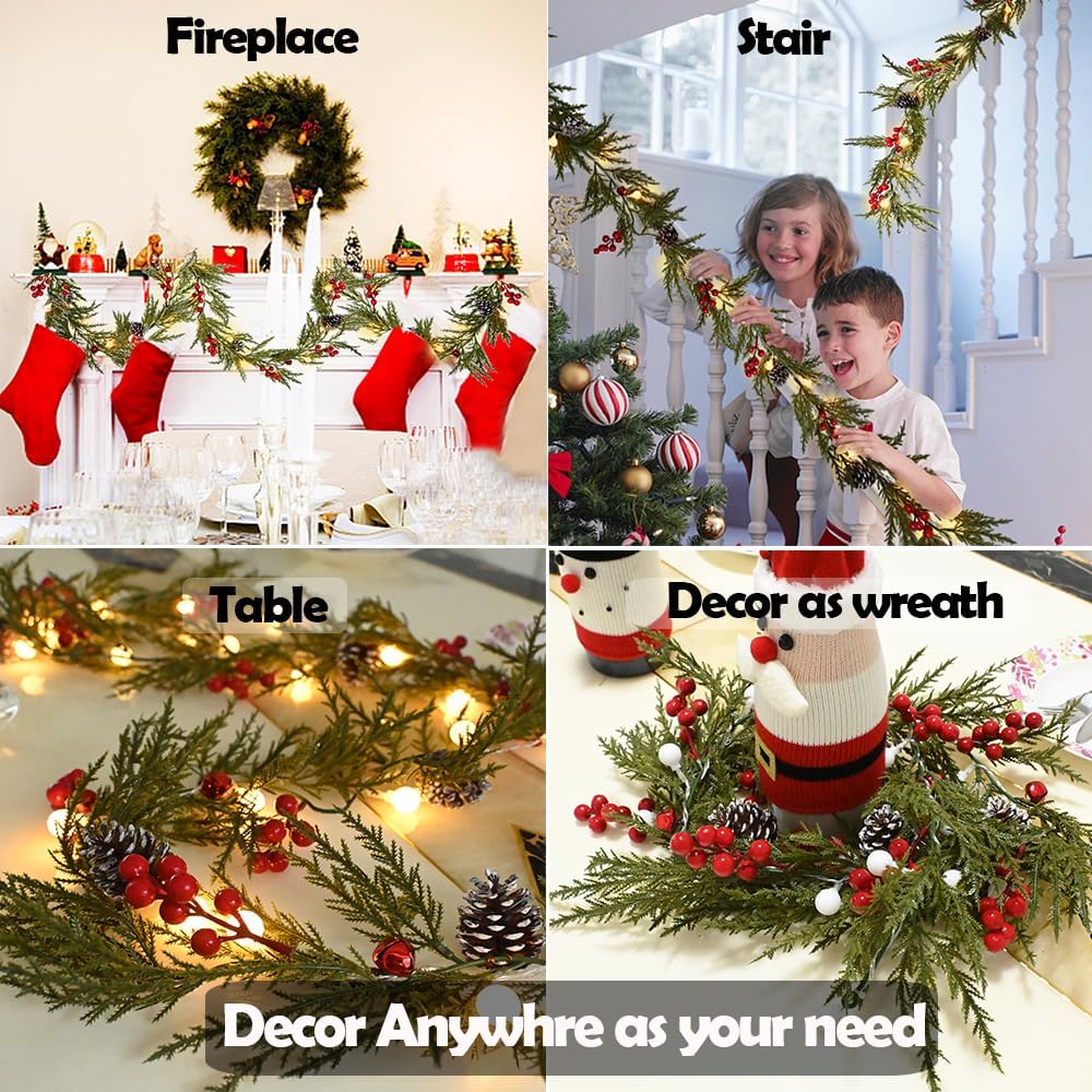 Christmas Garland 6 ft 20 LED Bulbs Cypress Pine Garland with Lights Battery Operated with Timer
