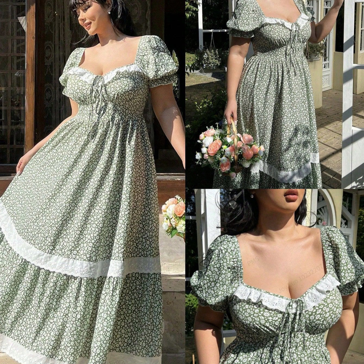 Women's Plus Size Ruffle Square-Neck Puff-Sleeve Dress