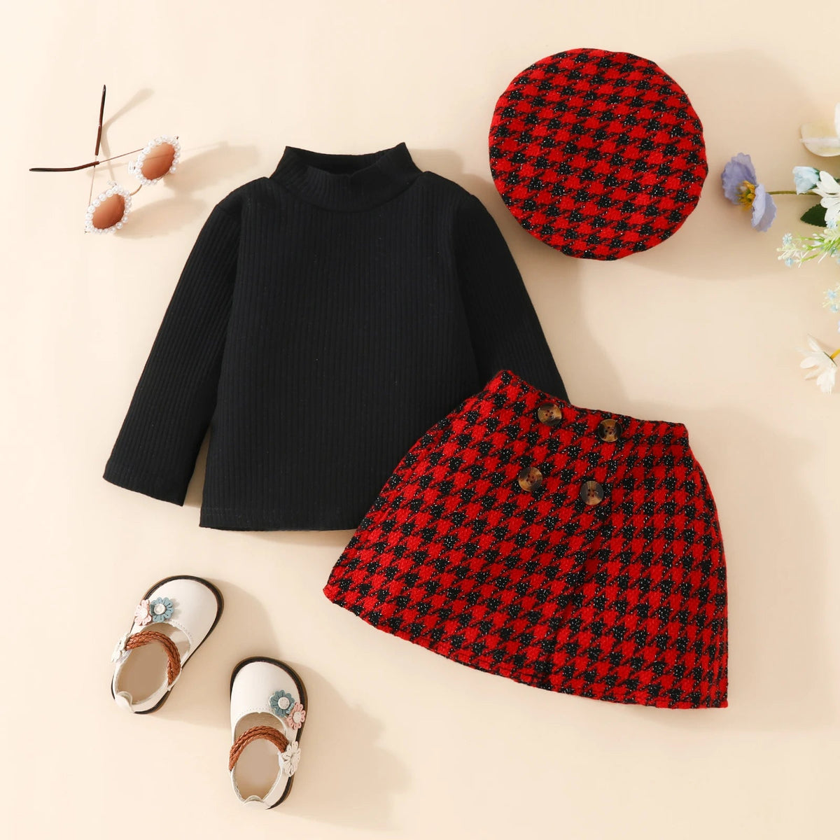 Baby Girls' Christmas Knit Top, Plaid Skirt & Hat Set