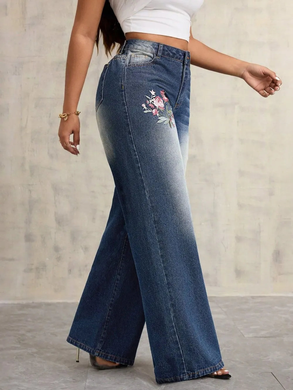 Embroidered Wide-Leg Jeans