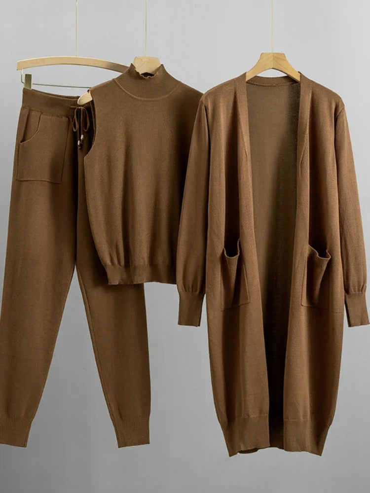 Three-Piece Knit Cardigan, Vest & Pants Set