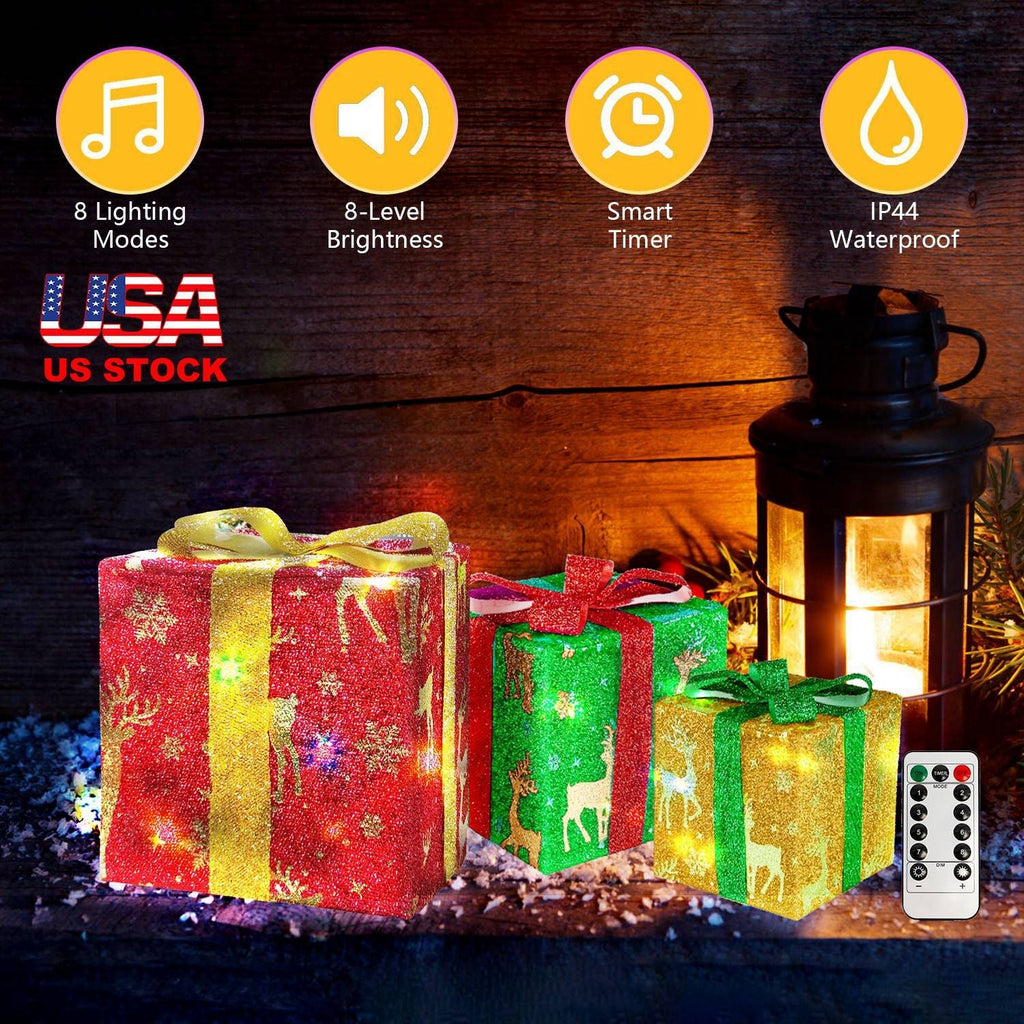 Set of 3 Christmas Lighted Gift Boxes Christmas Present Ornament 50 LED Christmas Box Decorations