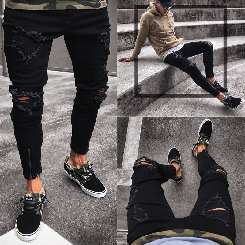 Men's Black Ripped Skinny Stretch Jeans
