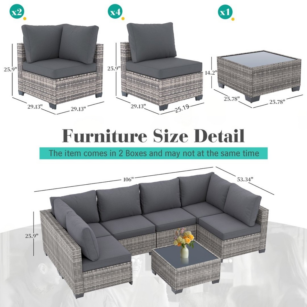 7-Piece Outdoor Patio Furniture Set, All-Weather Wicker Rattan Sectional Sofa With Thick Cushions & Glass Table, Modular Patio Conversation Furniture For Backyard, Poolside & Garden -Grey-Grey