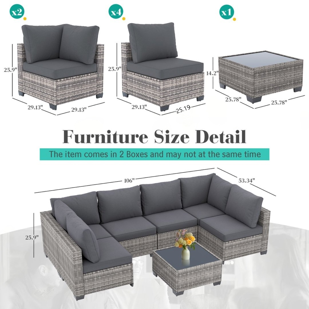 7-Piece Outdoor Patio Furniture Set, All-Weather Wicker Rattan Sectional Sofa With Thick Cushions & Glass Table, Modular Patio Conversation Furniture For Backyard, Poolside & Garden -Grey-Grey