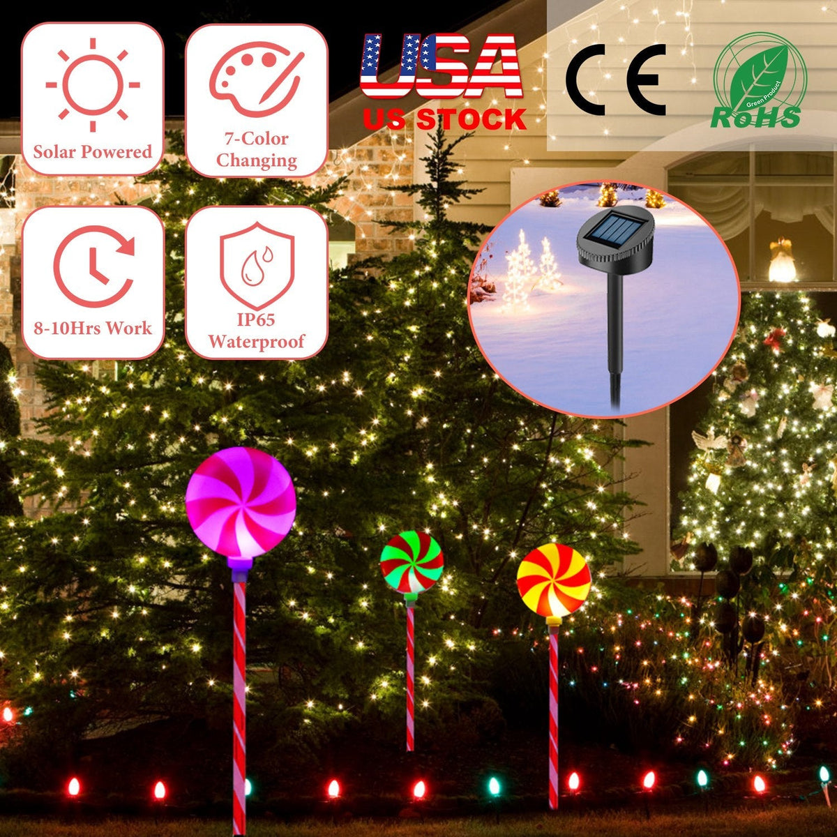 Solar Christmas Candy Light Set of 3 IP65 Waterproof Solar Lollipops Stake Lamp for Patio Yard