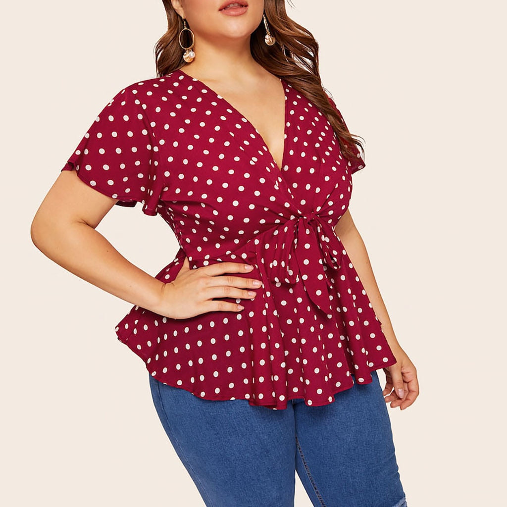 Women's Plus Size Polka-Dot Tie-Front Chiffon Blouse