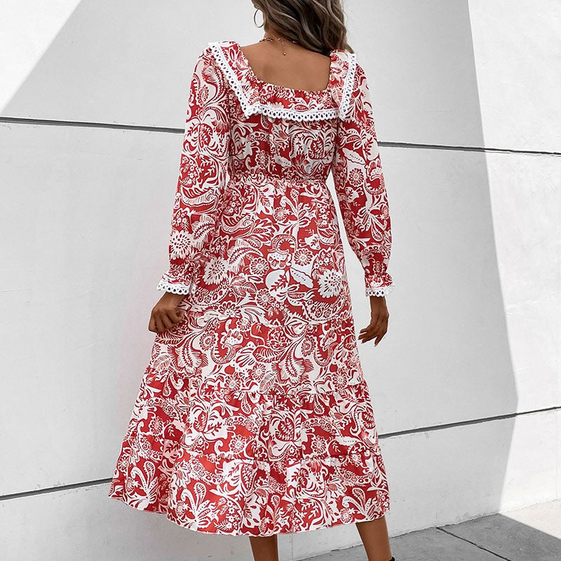 Women's Lace-Patch Floral Square-Neck Dress