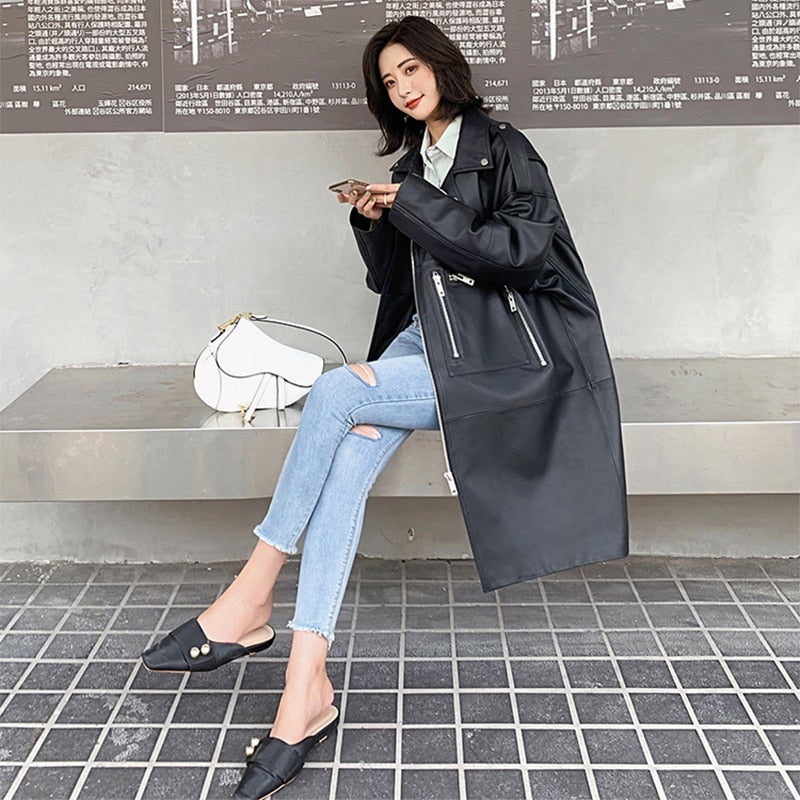 Women's Oversized Long Faux-Leather Biker Jacket