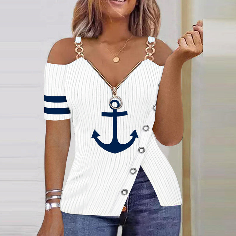 Anchor-Print Zip-Detail Long-Sleeve Top