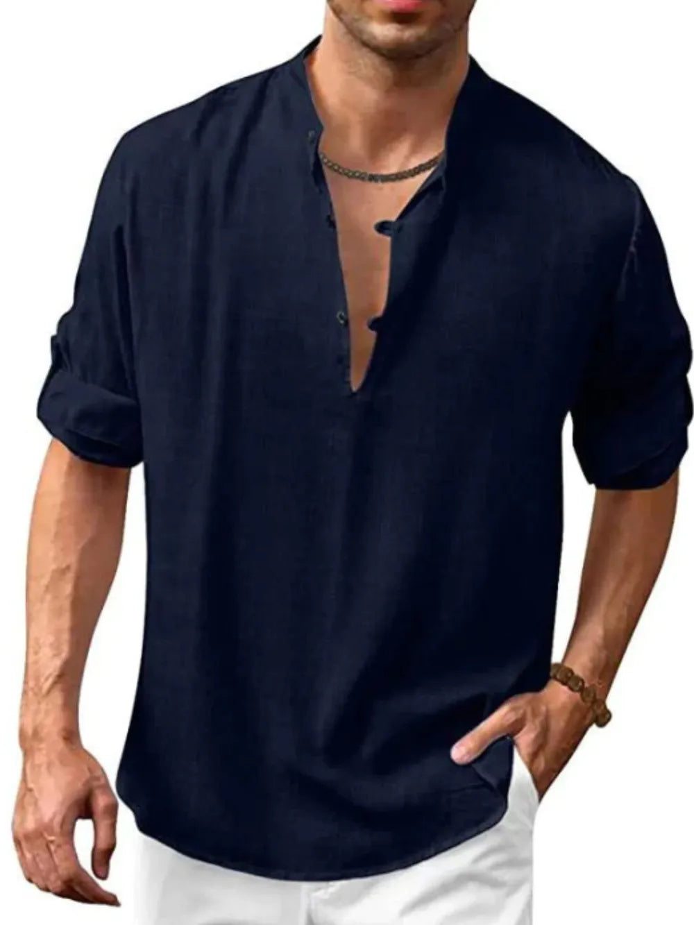 Men's Plus Size Linen Half-Button Long-Sleeve Shirt