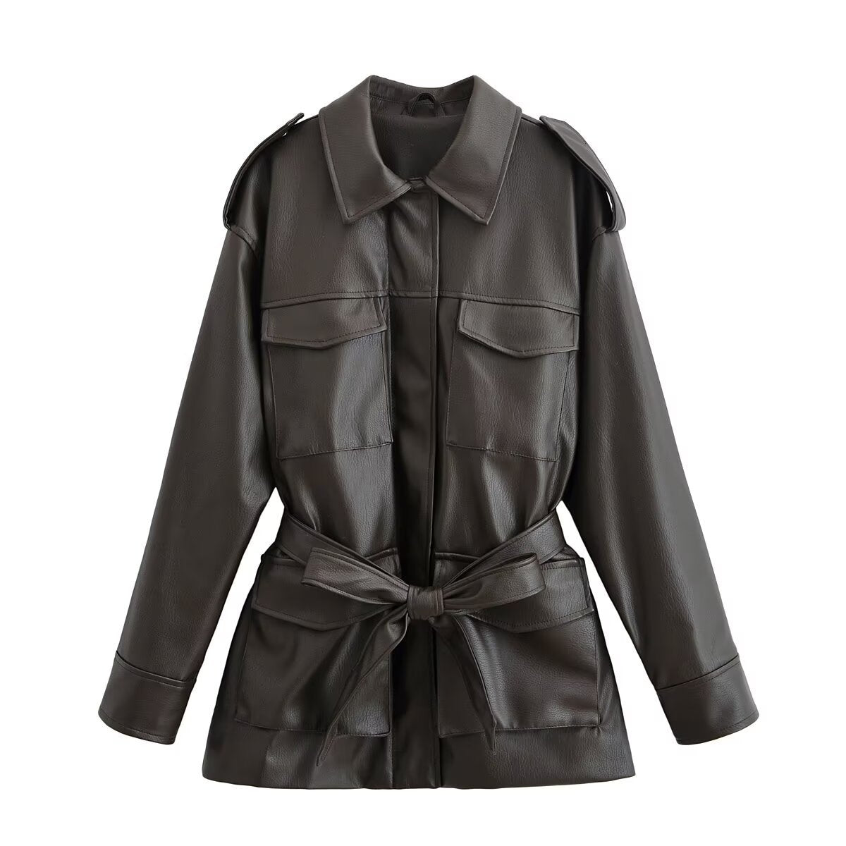 Belted Olive Green Faux-Leather Jacket